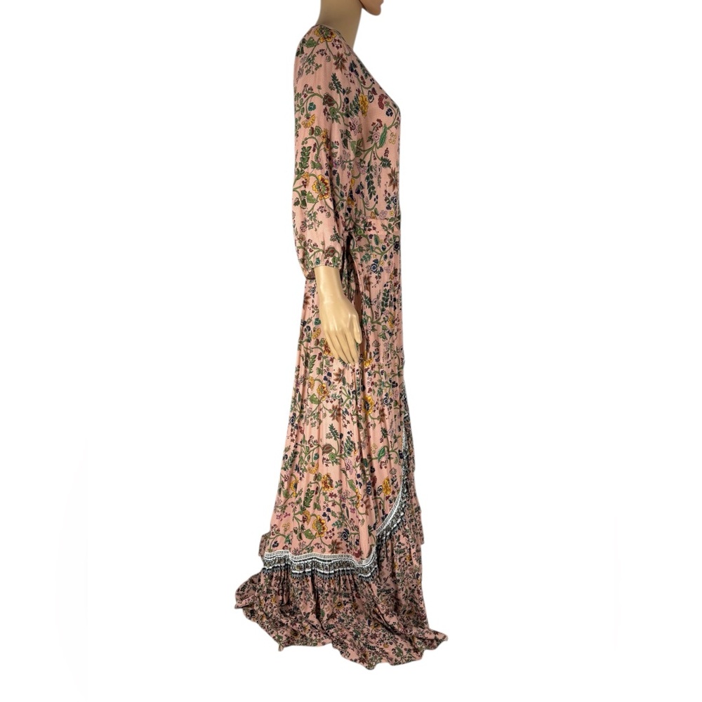 Farm Rio Anthropologie Clara Wrap Maxi Dress Medium Pink Floral Ruffle Boho EUC - Picture 5 of 9